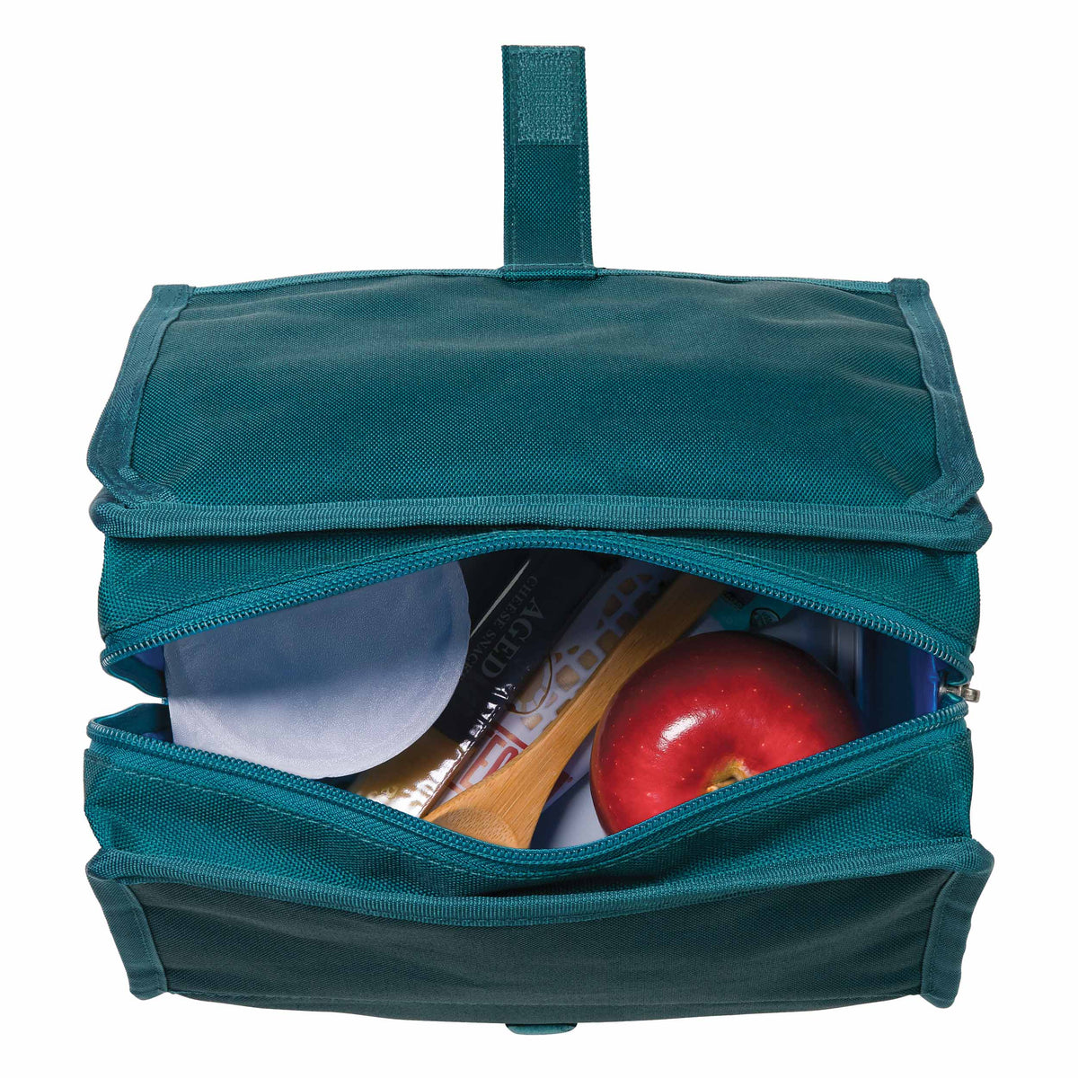 freezable-lunch-bag-n1 freezable-lunch-bag-deep-teal-top-view-packed.jpg