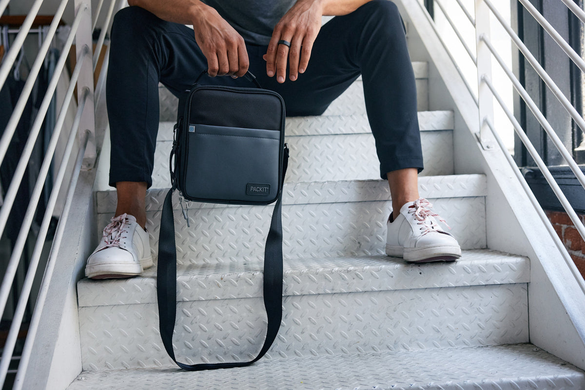 freezable-upright-lunch-box-a9 freezable-upright-lunch-box-black-gray-lifestyle-model-bag-only.jpg